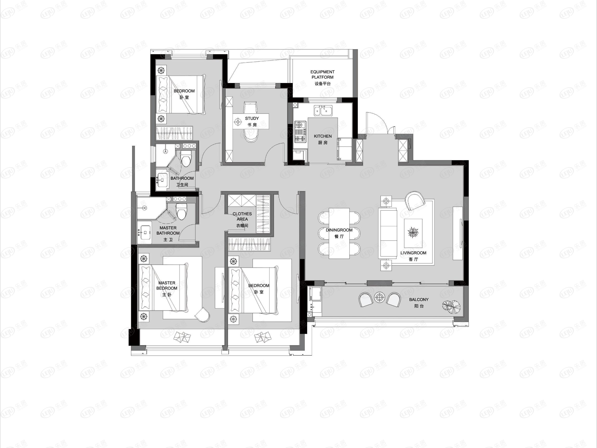 建面约158㎡四室两厅两卫中间套户型