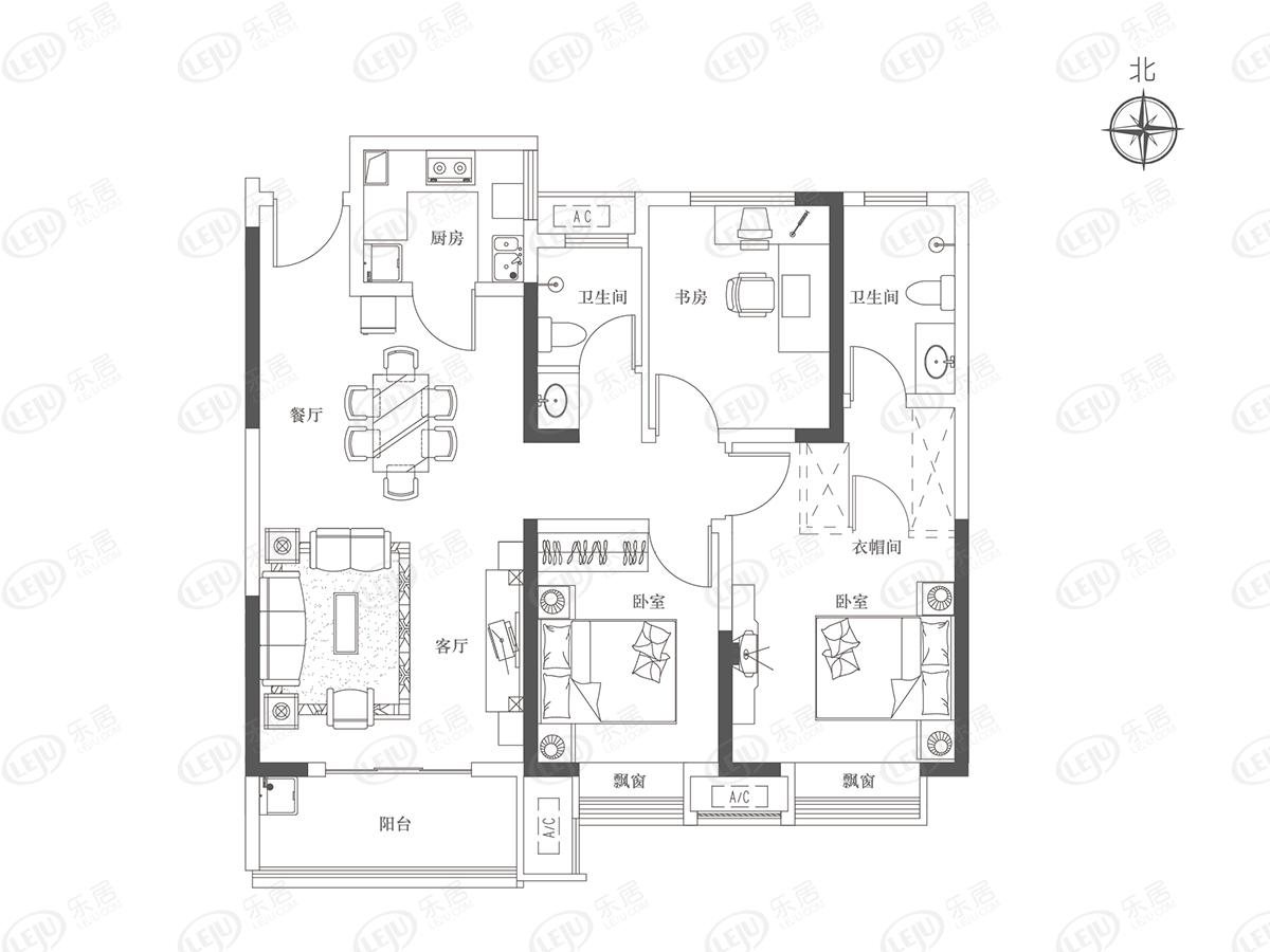 华耀城佳兆业水岸新都3室2厅2卫户型图 - 洛阳乐居