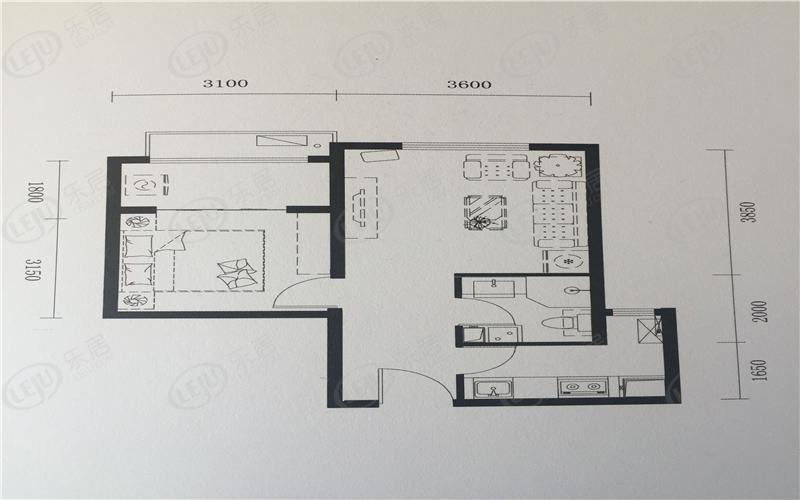 建发大阅城涉外公寓1室1厅1卫户型图 - 银川乐居