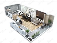 星舍在售B户型修效果图  一室一厅一厨一卫 100%弹性空间 客厅卧室一体 独立厨房 私密卫生间户型图