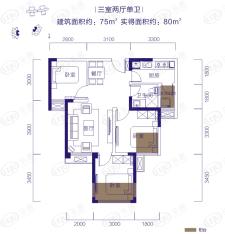 中国水电泛悦国际户型D 3室2厅1卫户型图